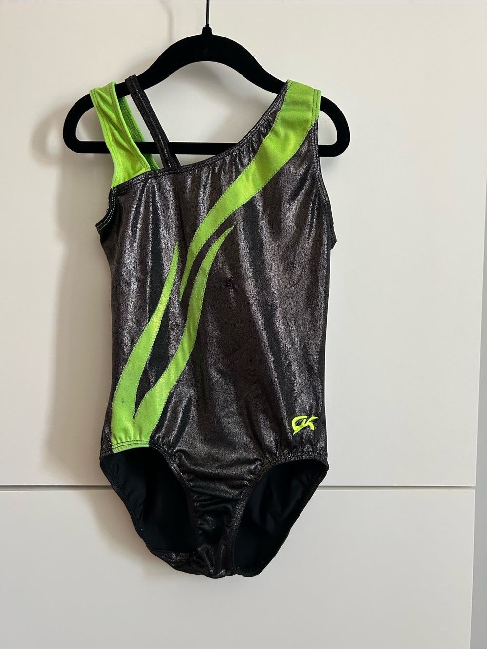 GK Metallic Black Gymnastics Leotard with Green Accents - Child’s Large